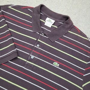Lacoste Brown Red White Striped Short Sleeved Polo Shirt Mens 7/XL